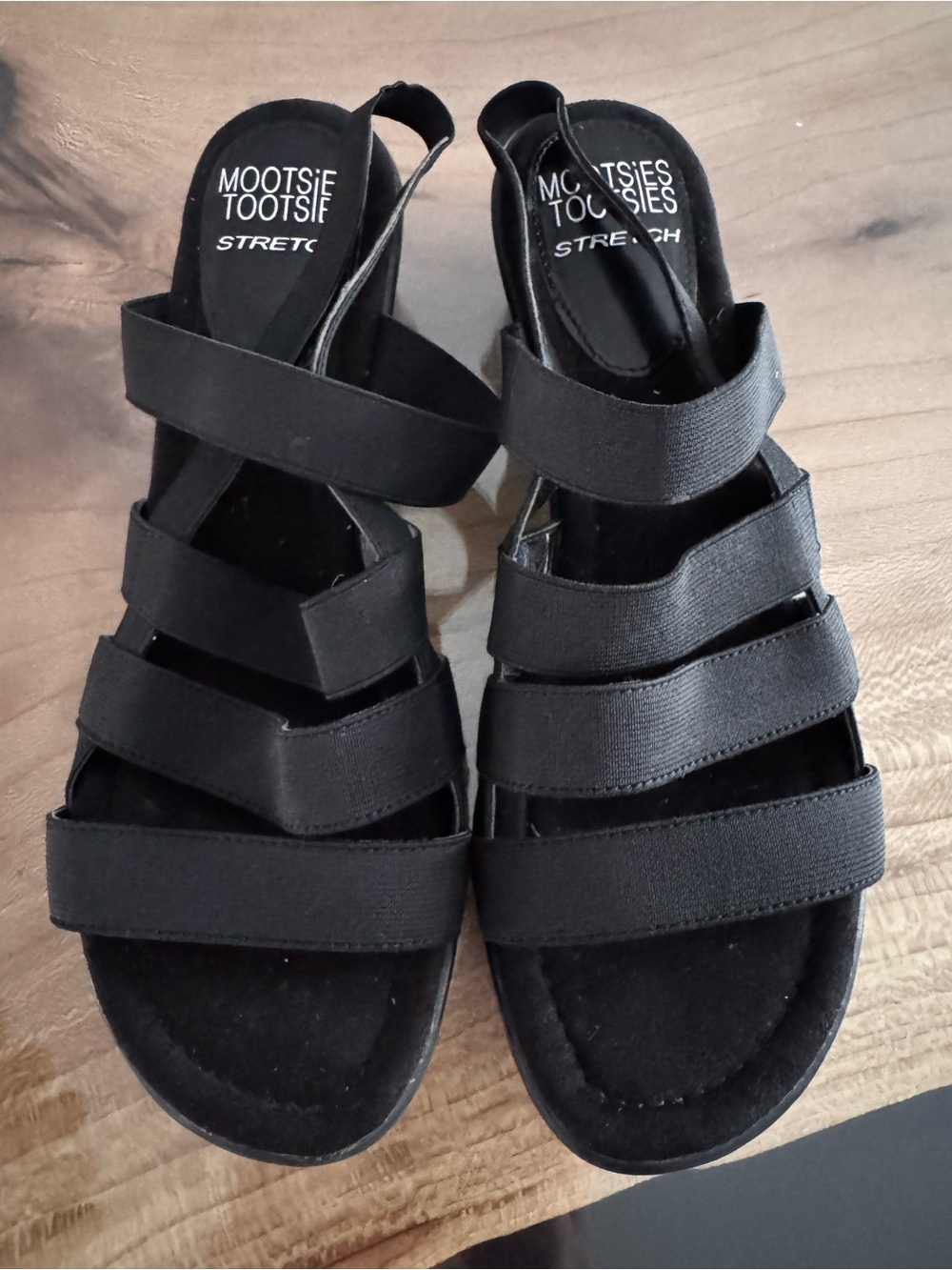 Mootsies Tootsies Size 8 Black Stretch Strappy Wedge Sandals